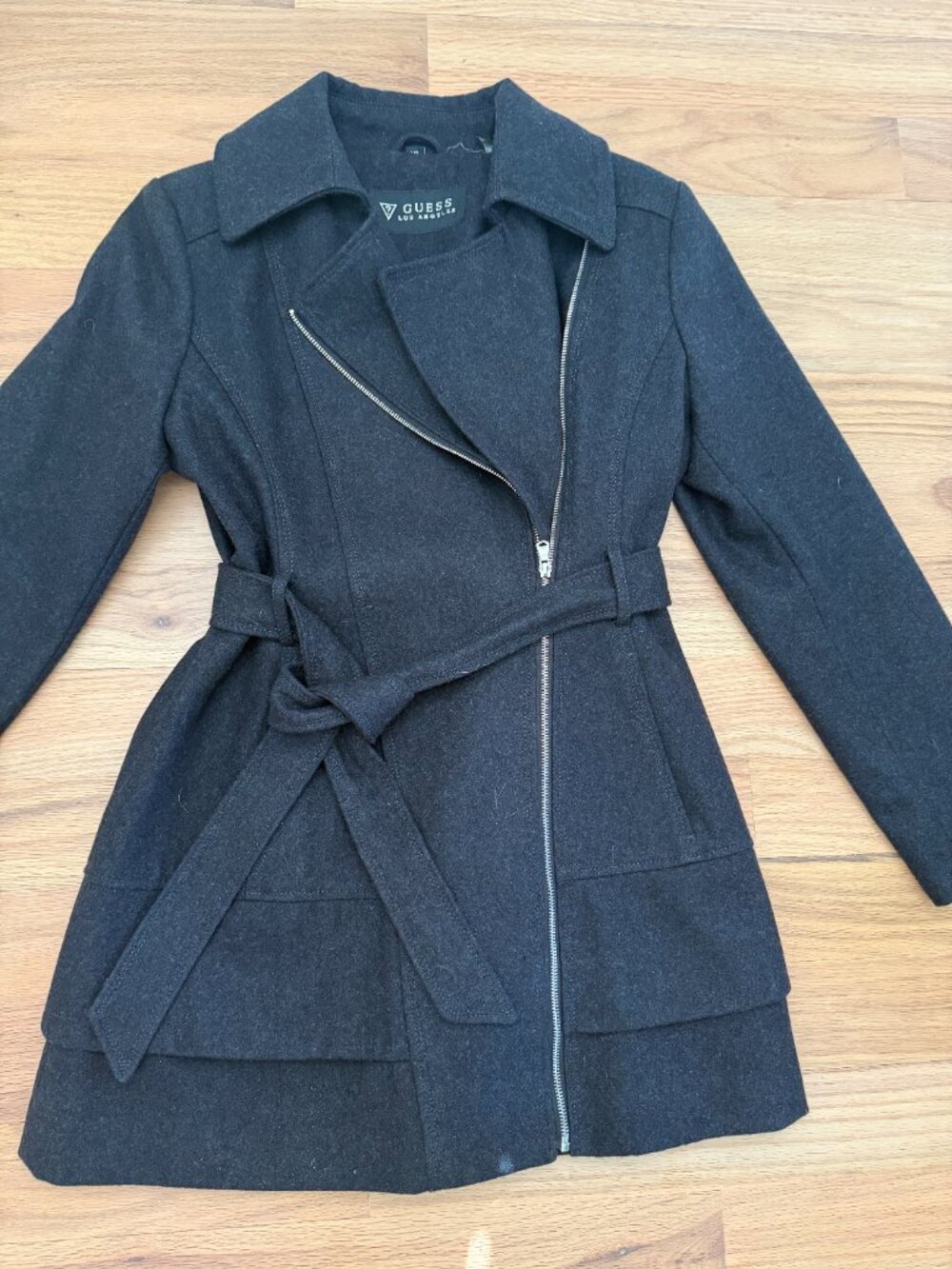 Guess Gray Wool Belted Asymmetrical Zip Coat - Size L - Picture 5 of 9